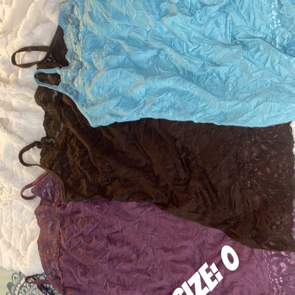 Lace Trim Camisole Set in Blue, Brown, and Purple